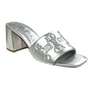 CALVIN KLEIN ELORA Women's Block Heel Logo Dress Sandals Silver Size 8.5 M